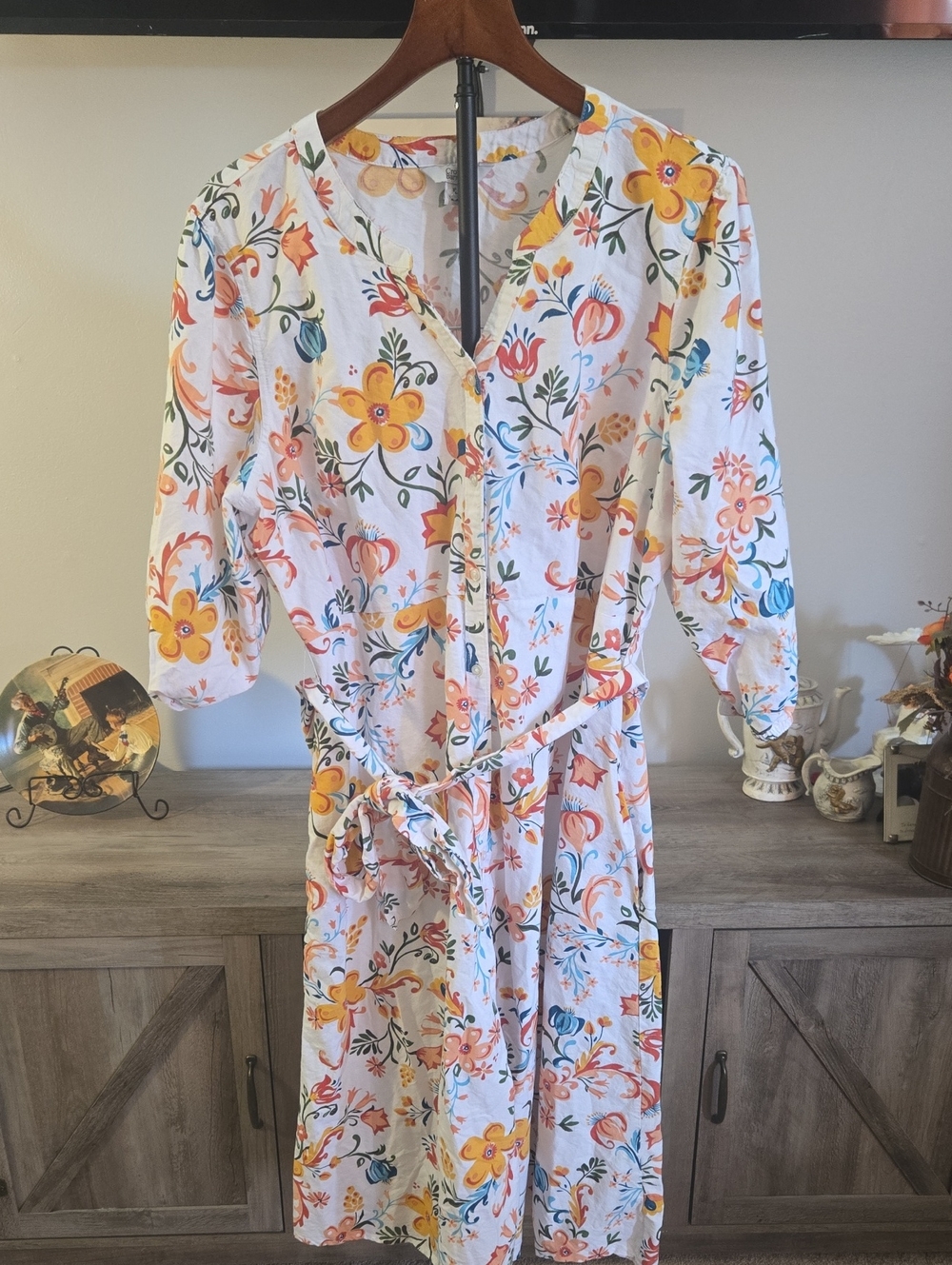 croft & barrow White Floral Button-Front Dress with Yellow and Blue Accents